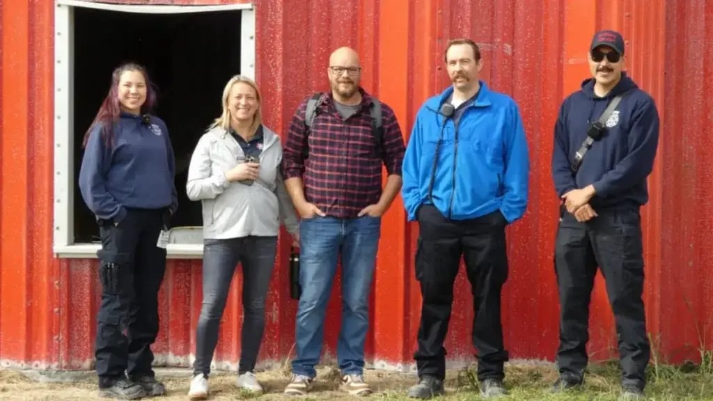 November 2025 WHP Trainingtowers Left to Right Firefighter EMT Tierney Kootuk, WHP CEO Maggie Scaletty, WHP CPO Steven Jahnke, Fire Chief Joshua Funk and Firefighter EMT JJ Foster