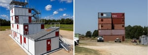 MODx modular fire training tower beside a shipping container training tower 
